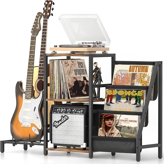 Bikoney Record Player Stand with Guitar Holder, Guitar Rack for Acoustic, Electric Guitar, Bass, Guitar Stand Multiple Guitars, Vinyl Record Stand, Guitar Stands Floor for Studio