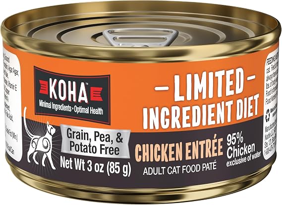 KOHA Limited Ingredient Diet Chicken Pate for Cats, 95% Chicken Sensitive Stomach Cat Food, Duck Recipe for Cats, Trial Pack (3 Cans)