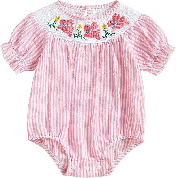Sister Matching Outfits Toddler Baby Girl Easter Bunny Bubble Romper Striped Rabbit Dress Spring Summer Clothes