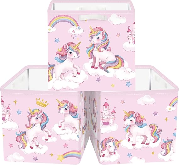 11.8" Unicorn Rainbow Cube Storage Organizer Set 3Pcs Cloud Star Cube Storage Bin for Bathroom/Bedroom Parents Book Chest, Crown