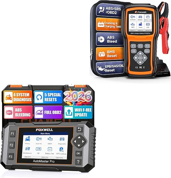 FOXWELL NT614 Elite OBD2 Scanner with 5 Resets ABS Bleeding/SAS Calibration/Oil/EPB/Throttle with NT630 Pro 2 in 1 OBD2 Scanner Battery Tester 12V