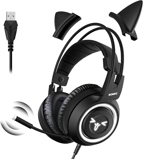 SOMIC G951-BLACK Gaming Headset, Cute Headphones, Gaming Headphones, Earphones, Earphones, Microphone Included, Lightweight, Durable, Surround, 7.1ch Cat Ears, Wired with LED Light/USB Port, PC