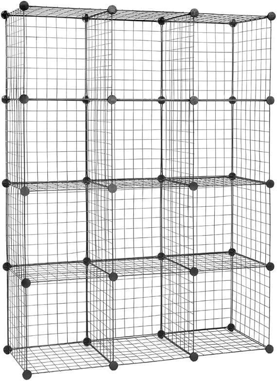 Wire Cube Storage Organizer,Metal Grids Bookshelf,Modular Shelving Units, Stackable Bookcase,Cube Storage Cube Closet Organizer Storage Shelves for Home,Office, Kids Room (12-Cube,Black)