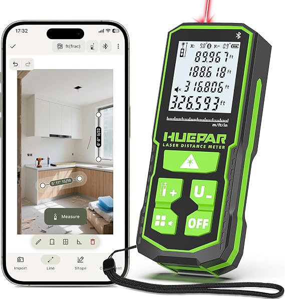 Huepar 330Ft Laser Measuring Tool with APP, Rechargeable Bluetooth Distance Meter, 1/16in Accuracy, Angle Sensor, Multiple Modes, IP54, Home&Construction, Fathers Days Dad Gifts