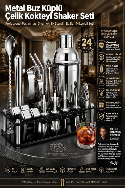 Transformacion 550 ml Kokteyl Shaker Seti 24 Parça Siyah Akrilik Standlı Profesyonel Paslanmaz Çelik Metal Buz Küplü Ev Barı Miksoloji Seti 723388