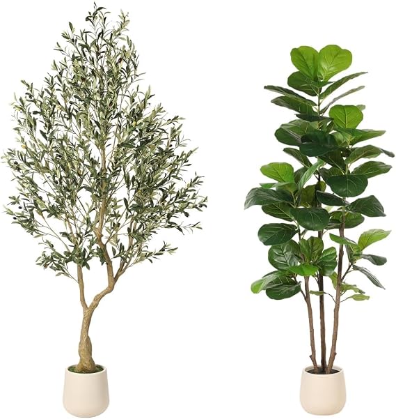 Realead 7ft Artificial Olive Tree with Tall Exquisite Planter + 6ft Fiddle Leaf Fig Tree Artificial with Tall Exquisite Planter