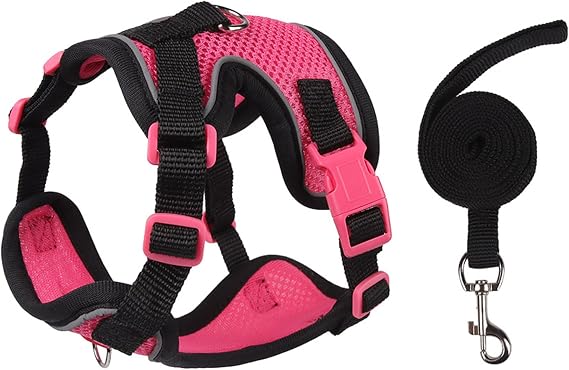 Cat Harness and Leash Set for Walking Escape-Proof Reflective Vest for Cats and Small Dogs, Adjustable Soft Air Mesh with Pressure-Reducing Design, 4.92ft (Black & Rose, S)