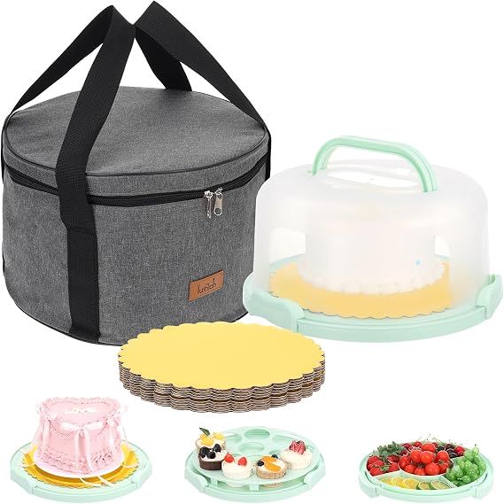 Cake Carrier with Lid and Handle Plastic Cupcake Carrier Holder with 10 Golden Boards and Insulated Bag 10-Inch Round Cake Container for Transporting Cupcakes Pies Snack and Desserts