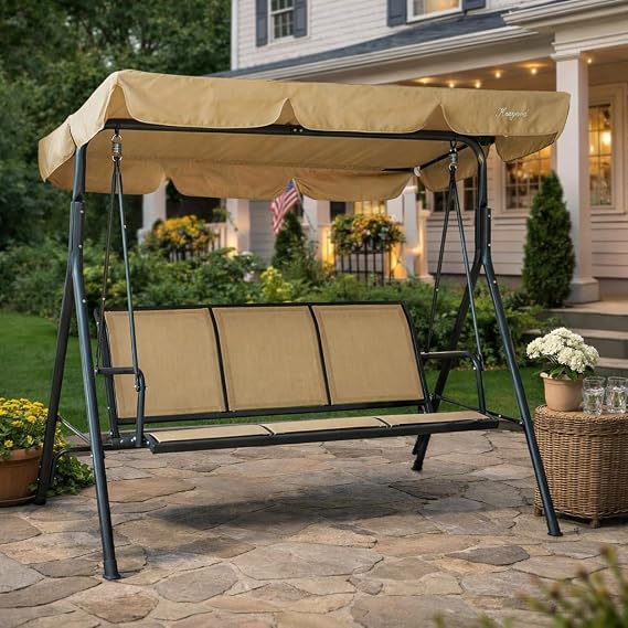 Kozyard 3-Person Outdoor Canopy Porch Swing Chair, Adjustable Canopy Shade | Breathable Textilene Seat & Armrests, Heavy-Duty Powder-Coated Steel Frame for Patio, Backyard, Poolside & Balcony, Beige