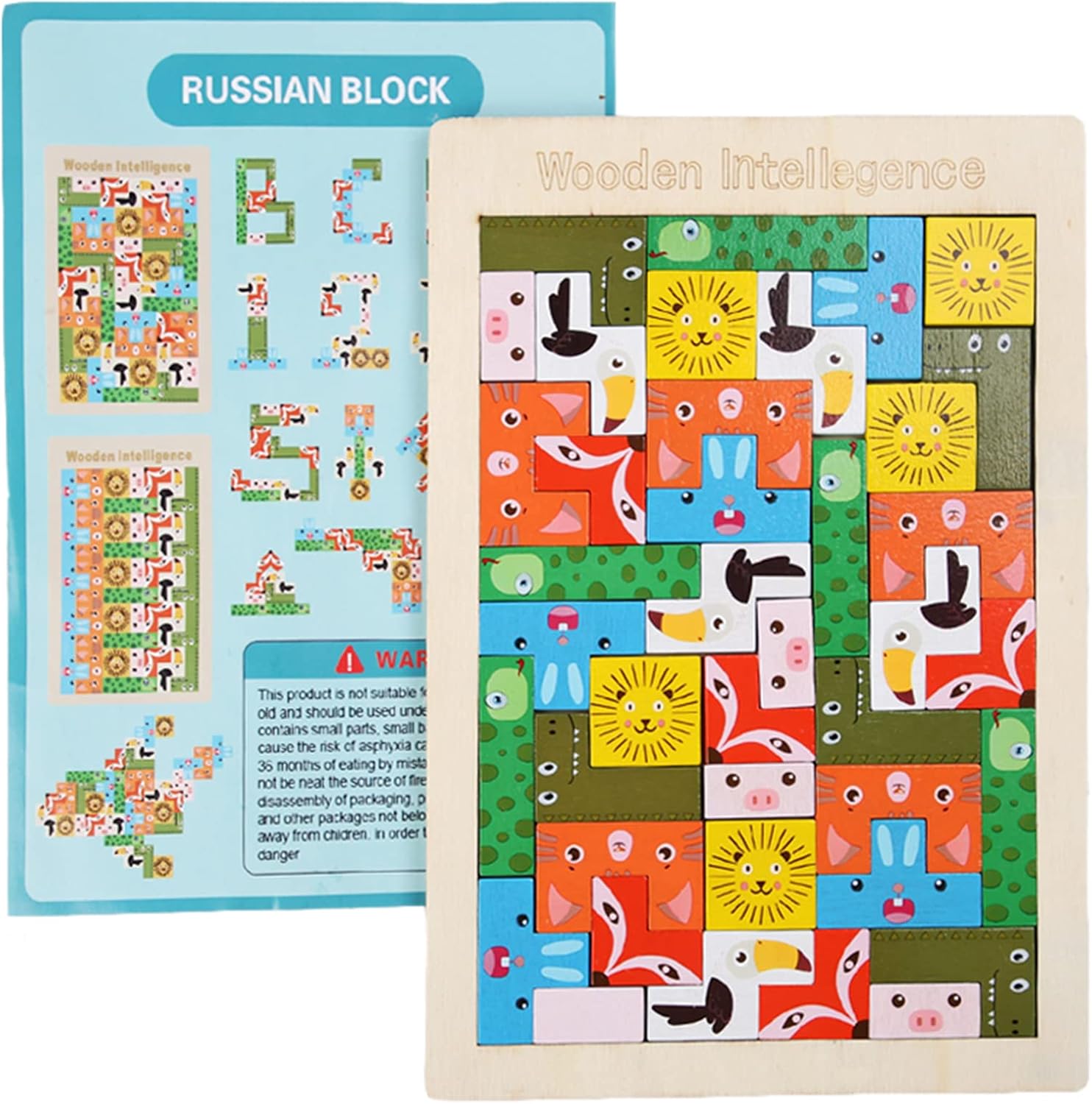 LELEMON Wooden Blocks Puzzle Brain Teasers Toy Russian Tangram Intelligence Colorful Animals 3D Jigsaw Blocks Game STEM Montessori Educational Gift for Kids Girl Boys40 Pcs