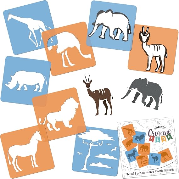 NAKLEO Painting Stencils for Kids, 8 Pcs Set 15x15cm Savanna Animals, Children Creative Drawing Templates Plastic and Reusable, DIY Decoration Arts and Crafts, Paper Wall Wood Fabric