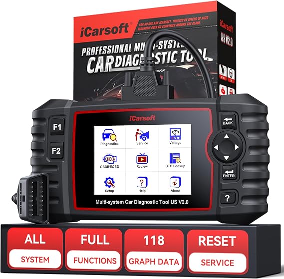 Full System Diagnostic Scan Tool for GM Ford Chrysler Jeep, iCarsoft US V2.0 Diagnose OBD2 Code Reader-Reset/Calibration, Battery Registration for Buick/Chevrolet/Cadillac/GMC -16PIN OBDII Adapter
