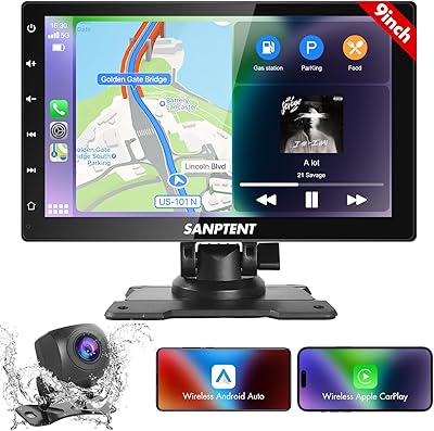 SANPTENT Wireless Apple CarPlay Dash Mount&Android Auto Portable Car Stereo, Drivemate Radio, 9 FHD Touchscreen, Car Audio Receiver Bluetooth, Backup Camera, Voice Control, Mirror Link, AUXUSBTF
