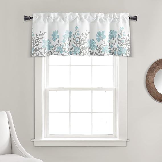 Lush Decor Aprile Light Filtering Valance, 52" W x 18" L + 2" Header, Blue & Gray - Floral Valances for Windows - Kitchen Curtains - Farmhouse Valance Curtain