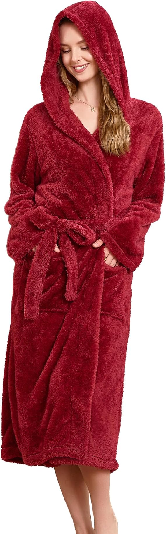 Plush Lightweight Hooded Robes For Women, Soft Warm Long Fleece Bathrobe for Women Lounge Spa Robe