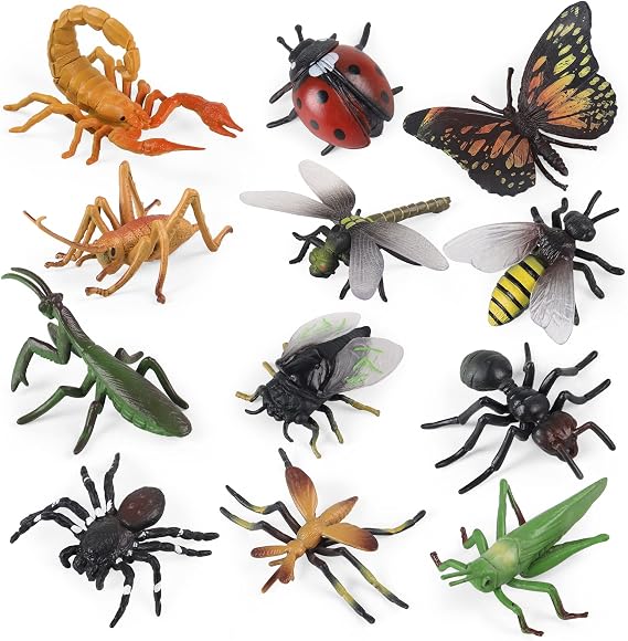 SIENON 12Pcs Realistic Insect Toys Figures, Large Plastic Bugs with Ladybug Bee Butterfly Ant Cricket Mantis Scorpion Spider for Kids Educational School Project Halloween Birthday Cake Party Favors