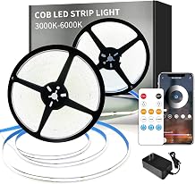 COB LED Strip Lights 6000K 65.6ft DC 24V Dimmable White Flexible LED Tape Light for Bedroom, with Remote and app Control LED Tape Lights CRI90+,forLiving Room, Shelf, Cabinet Home Decoration