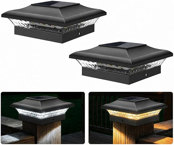 2pcs Solar Post Cap Lights, Waterproof Black, 3000K/6000K for Deck [Energy Class A+]
