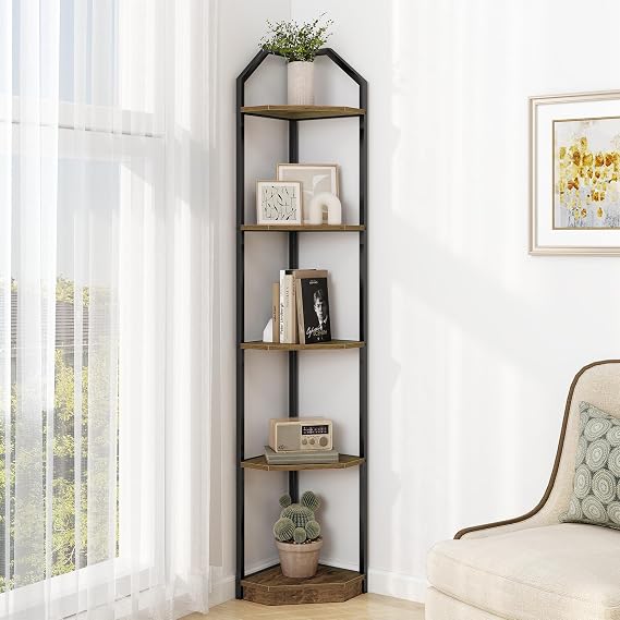 Dreamland 5-Tier 70in Metal Corner Shelf Pack of 1, Rustic Brown