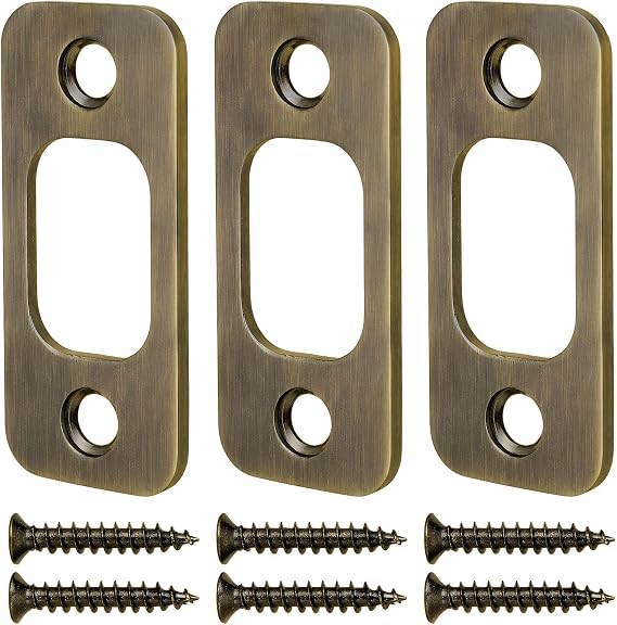 Deadbolt Strike Plate, Antique Brass Door Backplate 1" X 2 1/4, Round Corner Heavy Duty - 3 Pack