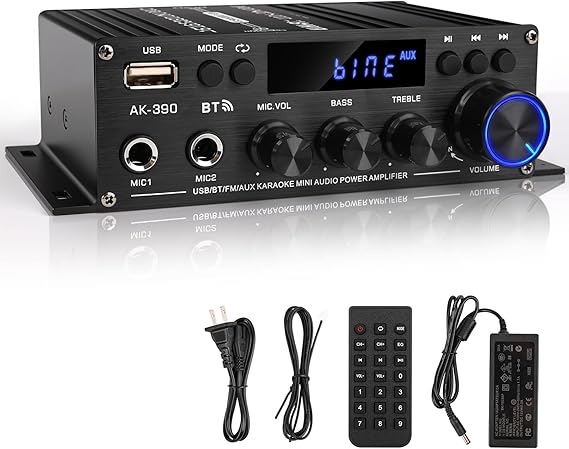 Romicta HiFi-Verstärker AK390 Mini Bluetooth Stereo-Audioverstärker Receiver 12V/ 220V 800W 2 Kanäle Endverstärker Soundverstärker w/UKW-Radio USB-Karteneingang für Zuhause oder Auto