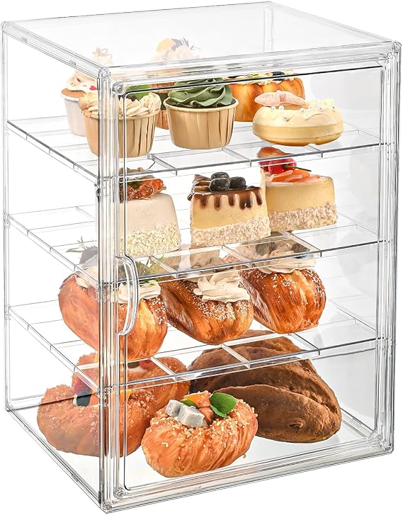 Pastry Display Case,4-Tier Adjustable Clear Bread Storage with Magnetic Door,Bread Box for Kitchen Countertop,15.7x11.8x9.8xinch (4 Tier-1 Pack)
