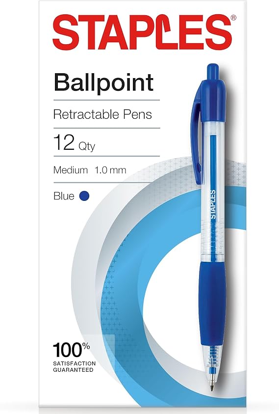 Staples Retractable Ballpoint Pens, Medium 1.0mm, Blue Ink, 12-Pk