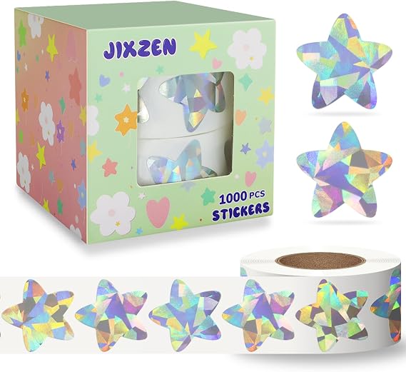 JIXZEN 2 Rolls Star Stickers for Kids Reward, 1000Pcs Holographic Sparkly Metallic Foil Stickers for Teacher Supplies Classroom and Behavior Chart Home (Silver Stars, 1.0 Inch)
