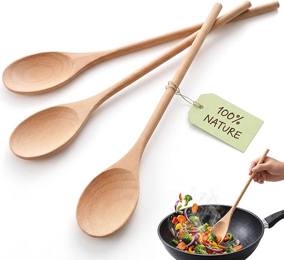 HANSGO Wooden Spoons for Cooking, 12 Inch Long Handle Mixing Spoons, 3 PCS | Wooden Kitchen Utensils for Baking, Tasting, Stirring Food, Hot Soups, Large Nonstick Cookwares, Thoughtful Kitchen Gifts