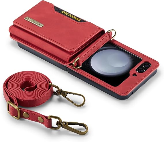 for Samsung Galaxy Z Flip 5 Wallet Case with Crossbody Strap, DG.Ming Retro Leather Shockproof Protective Phone Case with Trifold Card Holder Flip Cover Foldable Stand (Red)