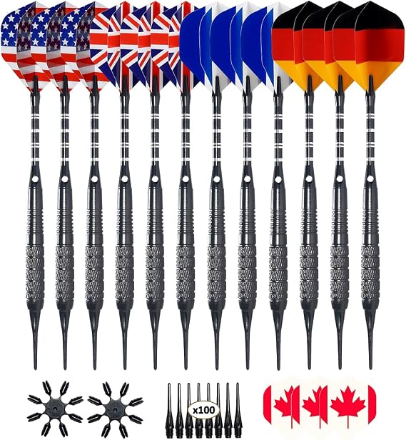 12 Pack Soft Tip Darts - Plastic Tip Darts 18 Grams with 100 Extra Dart Tips, Dart Flight Protector, Aluminum Shafts and Rubber O-Rings