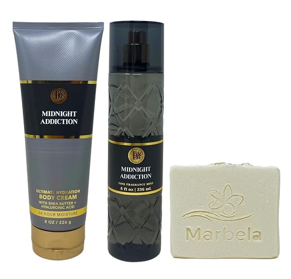 Bath & Body Works Midnight Addiction Body Cream and Fragrance Mist Duo Set with a Natural Oats Bar Soap - Full Size