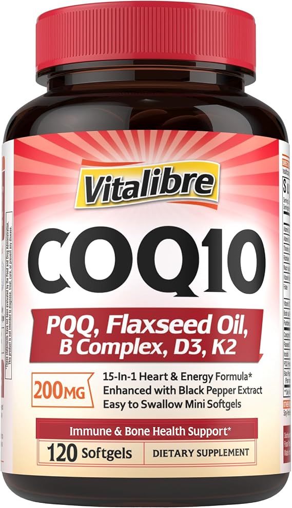 Vitalibre CoQ10 200mg, Ubiquinone with PQQ, Folate, Niacin, K2, D3, Black Pepper, High Absorption, Powerful Antioxidant, Energy Booster, Immune & Bone Support, 120 Easy to Swallow Softgels