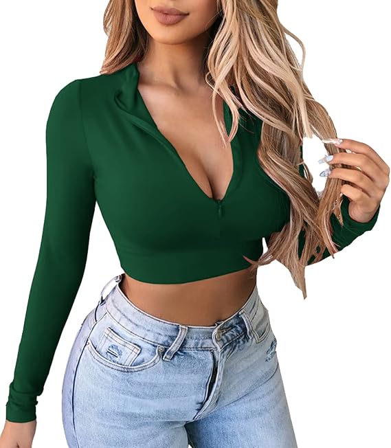 Artfish Women's Long Sleeve Quarter Zip Crop Tops Fleece Lined V Neck Fitted Sexy Cropped Shirts