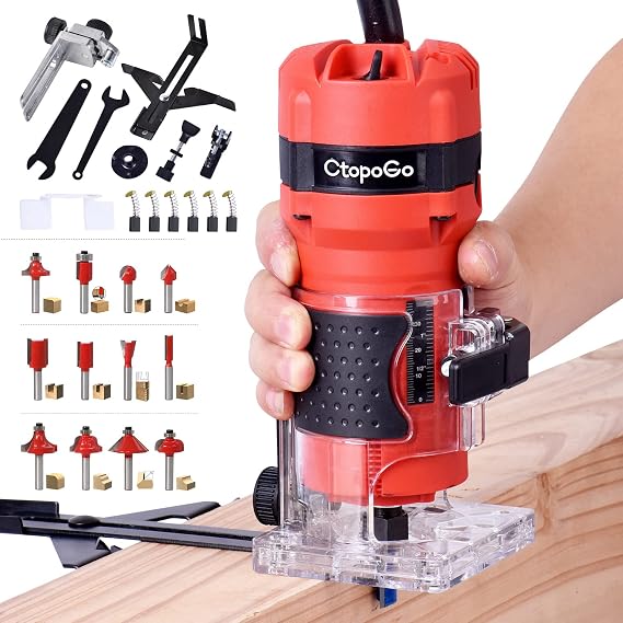 Compact Palm Router Tool, 800W Hand Wood Trimmer Router | 6.5 Amp 1.25 HP 110V-120V With 12PCS 1/4" Bits Set, For Woodworking