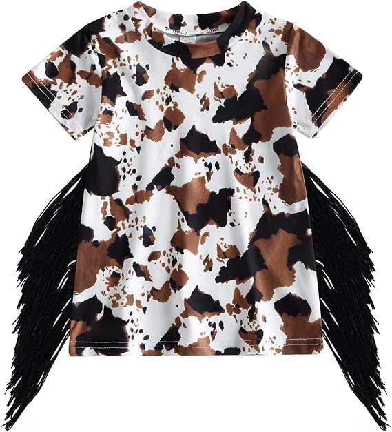 Toddler Baby Girl Western Dress Cow Print T Shirt Dress Boho Short Sleeve Fringe Dresses Kids Summer Clothes