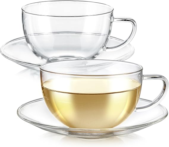 Teabloom Kyoto Teacup and Saucer Set 2-Pack Large Size 12 OZ/ 350 ML Capacity Crystal Clear Design Premium Borosilicate Glass Heat Resistant, Microwave Safe Glass Mug Set