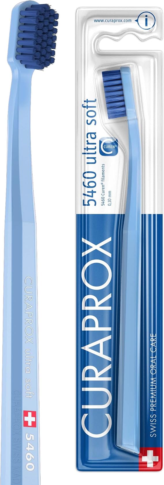 Curaprox CS 5460 Ultra-Soft Toothbrush Adult Tooth and Gum Care | Super Soft Curen Bristles for Gentle Cleaning | Light-Blue, Single Pack