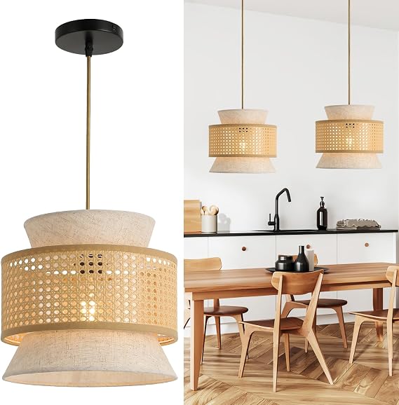Pendant Light Rattan+Fabric, Vintage Pendant Light, Boho Rattan [Energy Class E]
