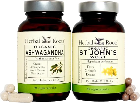 Herbal Roots Mood Duo, Organic St. John's Wort and Ashwagandha Supplement, Natural Mood Support, Non-GMO