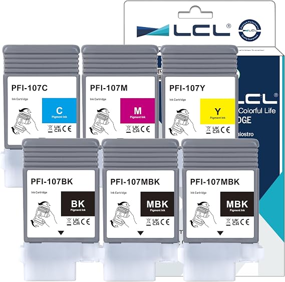 PFI-107 PFI107 Ink Cartridge Replacement for Canon PFI-107MBK PFI-107BK PFI-107C PFI-107M PFI-107Y for Canon ImagePROGRAF iPF670 iPF680 iPF685 iPF770 iPF780 iPF785 Printers (6-Pack, 130ml)