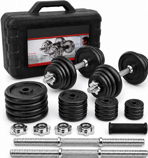 Adjustable Cast Iron Dumbbell and Barbell Weight Set, Spinlock Bars & Plates for Home Gym Strength Training, 15kg 20kg 30kg 50kg Weights for Fitness, Muscle Building, Exercise & Full Body Workouts Set