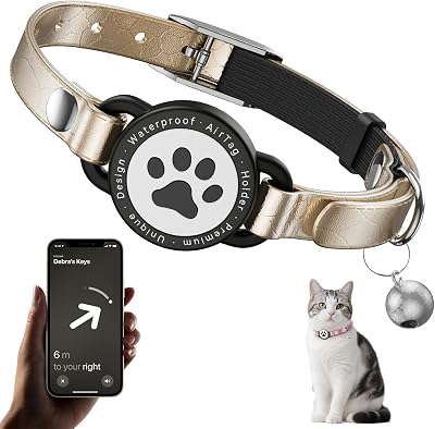 Leather Airtag Cat Collar - Waterproof Cat Collar AirTag Holder with Metal Buckle | Comfortable, Glossy Cats Tracker Collars with Bell for Girl Boy Cats, Kittens, and Puppies Champagne Gold