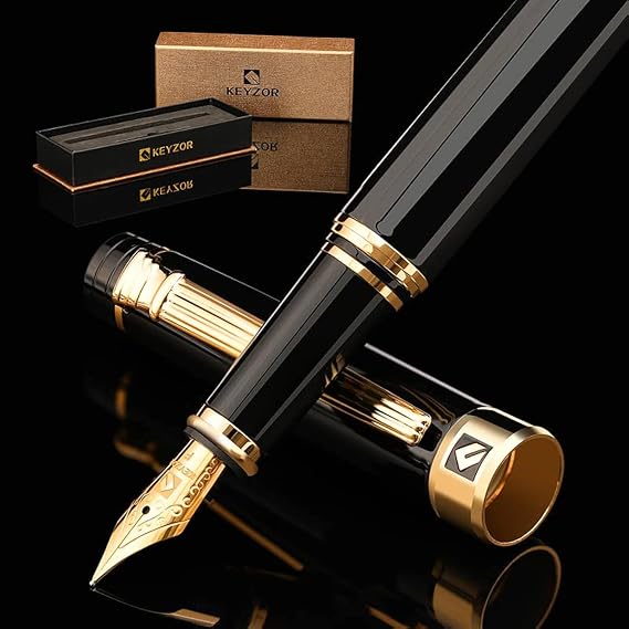 KEYZOR Luxury Fountain Pen Fine Nib For Writing,Refillable Ink Converter,24k Gold Trim Pens Gift Set For Men &Women,Professional,Business,Office