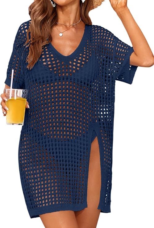 SOCIALA Swimsuit Cover Up for Women Side Slit Crochet Short Sleeve Dress