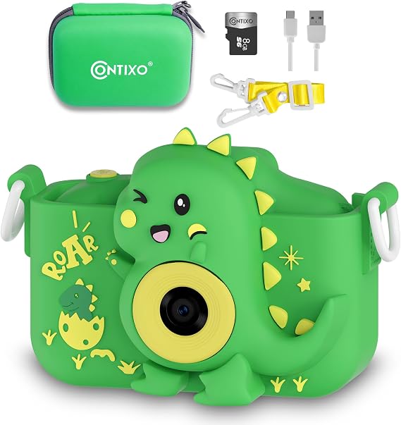Contixo KC3 Kids Camera, 1080P Video Selfie Toddler Educational Digital Photo Cameras with Puzzle Games, Children Portable Toy for Boys Girls- Green Dinosaur