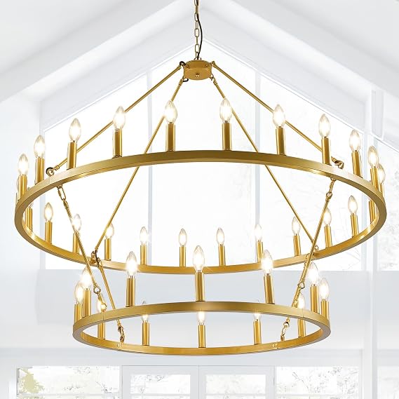 47 Inch Gold Wagon Wheel Chandelier,2 Tier 36-Lights Farmhouse Chandelier for Living Room,Round Rustic Dining Room Light Fixture,Extra Large Foyer Chandeliers for High Ceilings,for Staircase,Entryway