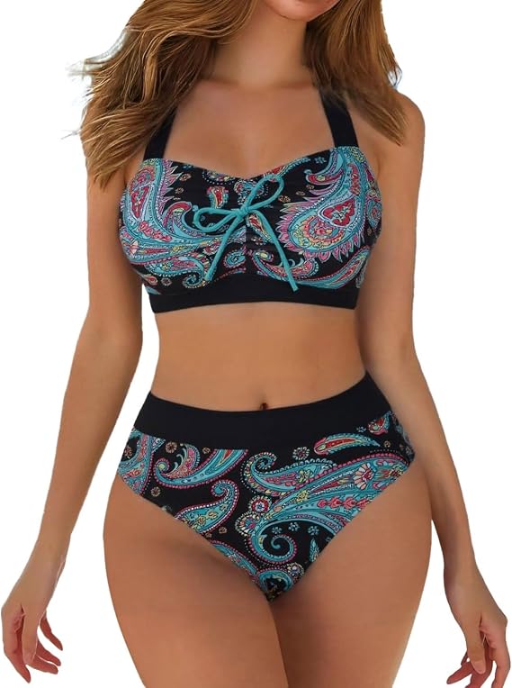 Bikini Sets for Women UK High Waisted Bikini Set Two Piece Swimsuit Push Up Lace 2 Piece Swimwear Tummy Control Bikinis Beach Holiday Swimming Costume for Women