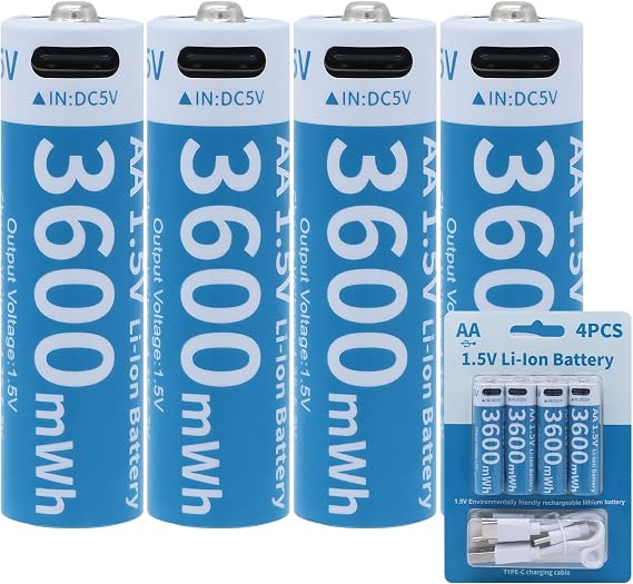 Rechargeable Lithium Battery AA - 4 Pack 1.5V 3600mWh AA Rechargeable Batteries with 4-in-1 USB C 1-Hour Fast Charging Cable for Xbox Controller, Cameras (4 Pack AA 3600mWh)
