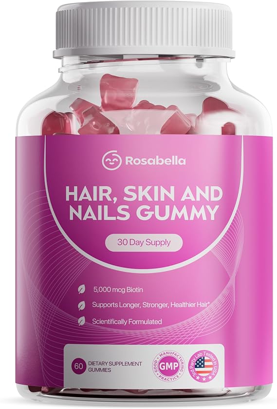 Rosabella Hair Growth Gummies for Women & Men Vegan Hair Gummies with 5000mcg Biotin Hair Vitamins for Strong, Healthy-Looking Hair Gummy Biotin Supplement 60 Count